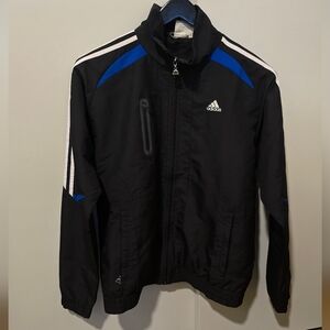 Adidas Men's Black Windbreaker with Blue Accents